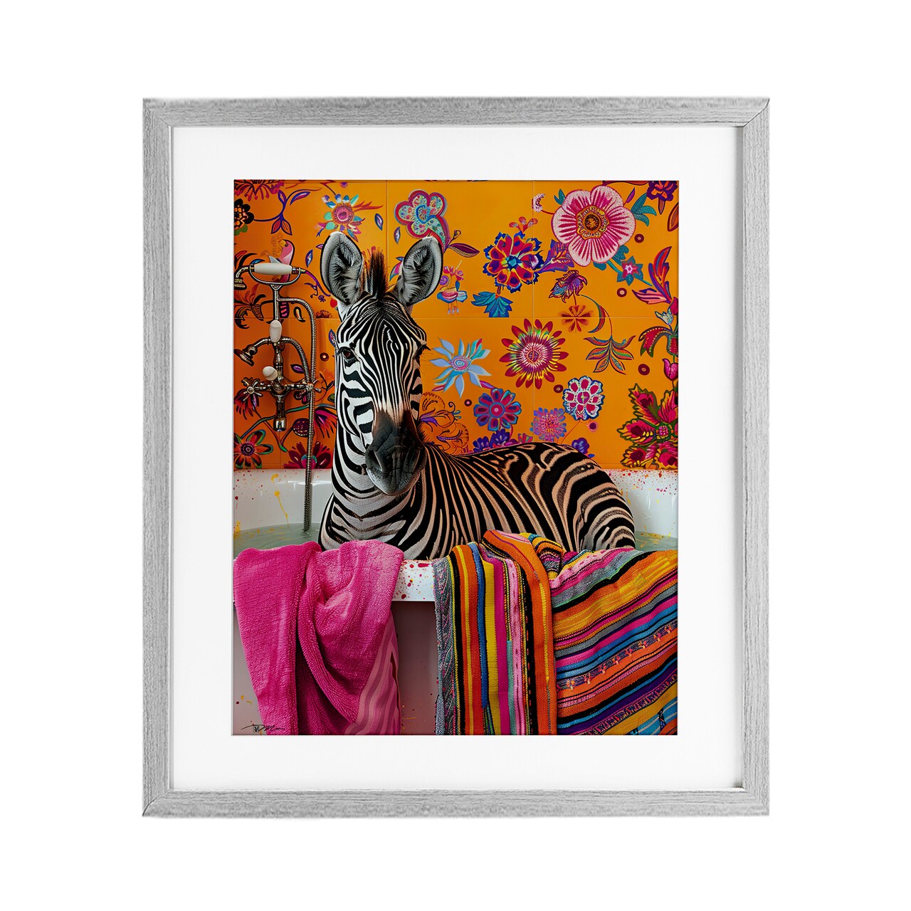 Stupell Industries Zebra Bath with Colorful Towel Framed Print Under Glass, design by Momart